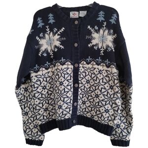 Vintage Nutcracker Winter Snowflake Sweater Cardigan Medium Blue White